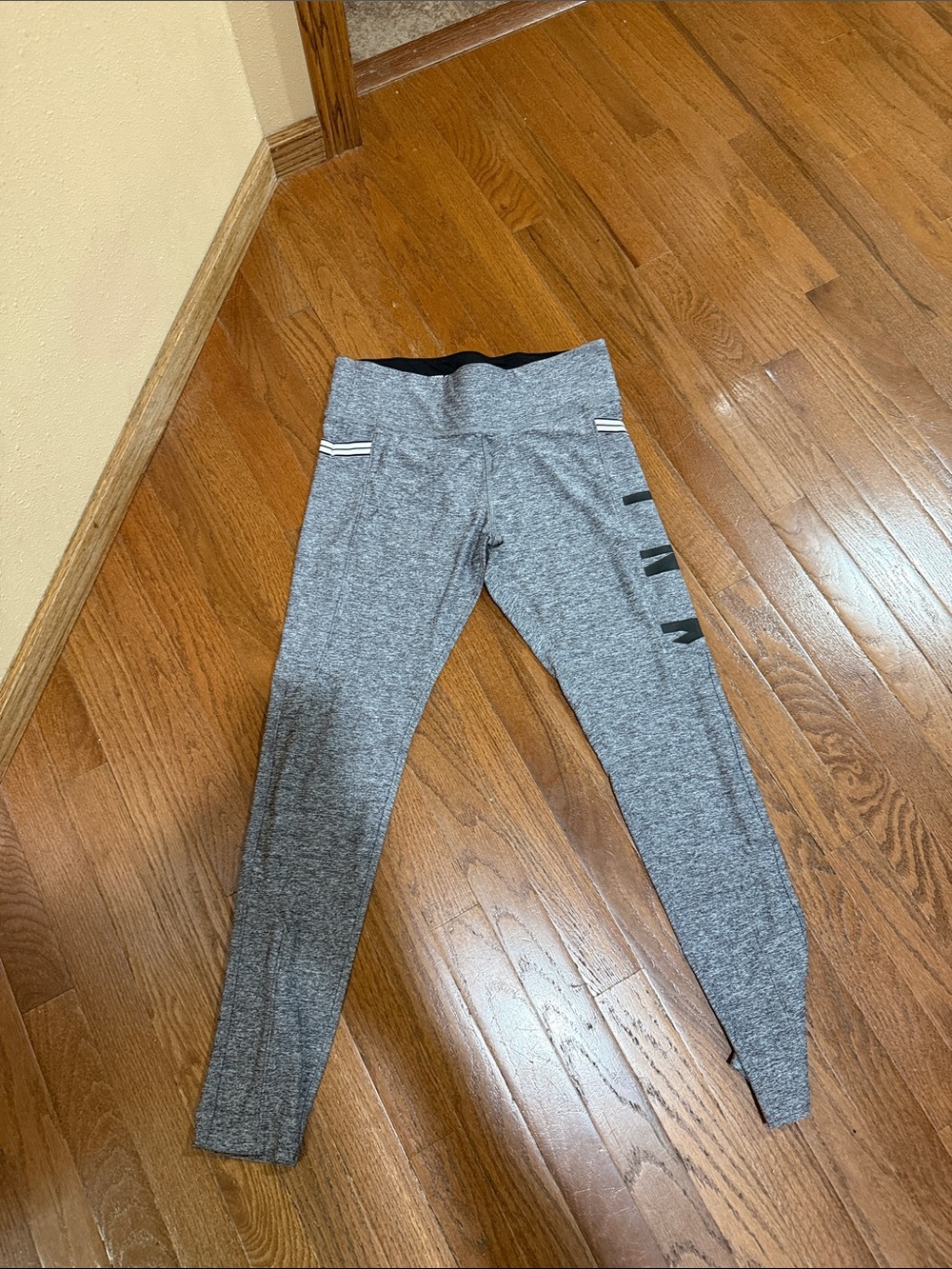 PINK Victoria's Secret Grey women’s Athletic Leggings with Black Logo Stripes